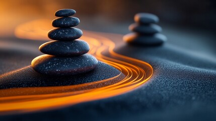 Stacked Stones on Rippling Water Surface Under Warm Sunset Glow