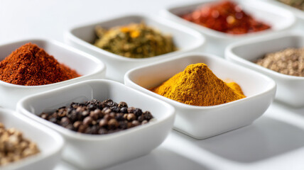 Arranging assorted spices in small prep dishes