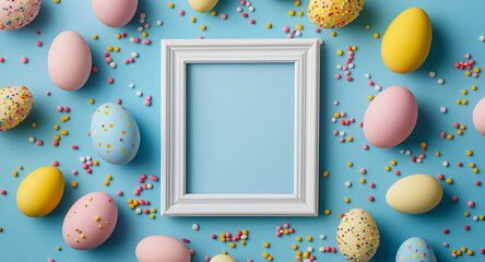 Easter egg frame mockup on pastel blue background with colorful sprinkles and painted eggs ready to use for festive designs and invitations