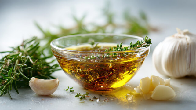 Preparing marinade with oil, garlic, and herbs