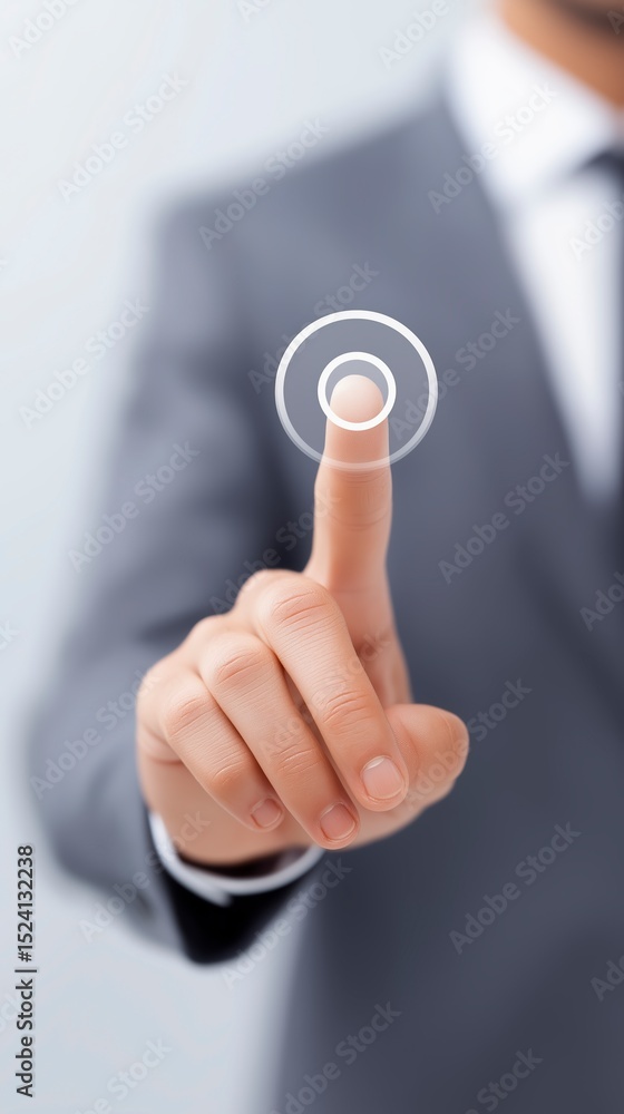 Poster businessman in a gray suit is interacting with a digital interface, using a finger to touch a virtua