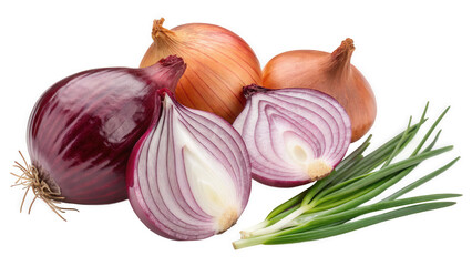 Vibrant Assortment of Fresh Red and Yellow Onions with Green Scallions on White, Generated by AI