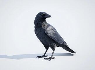 A black crow stands on a white background, showcasing its detailed feathers and sharp beak.