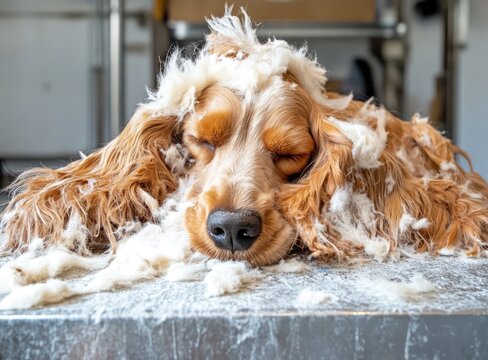 A Cocker Spaniel dog rests on a grooming table, covered in fluffy white grooming debris after a haircut.