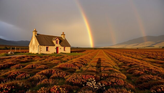 a traditional scottish croft on a heather moor, with a rainbow and a soft morning light.