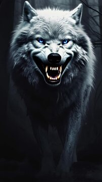 Menacing close-up: giant wolf bares fangs, showcasing primal fury and predatory power.