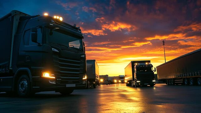 Cargo trucks reverse toward open warehouse bays as sunset paints the sky, with workers quickly unloading crates and materials