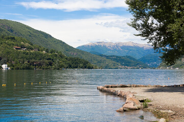 Landscape on Lake Ceresio, view from Porto Ceresio. Summer season,