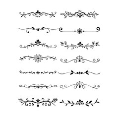 Set of Black Hand Drawn Rustic Doodle Design Elements. Decorative Floral Swirls, Scrolls, Text Frames, Dividers. Vintage Vector Illustration. 
