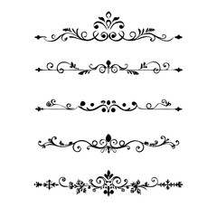 Set of Black Hand Drawn Rustic Doodle Design Elements. Decorative Floral Swirls, Scrolls, Text Frames, Dividers. Vintage Vector Illustration. 
