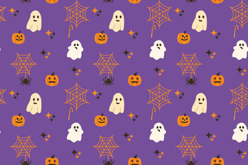 Seamless Halloween pattern Spooky ghosts, scary pumpkins, spiderwebs and spiders. Repeating festive vector design for wrapping paper fabric backgrounds Seasonal decorations. Violet purple background