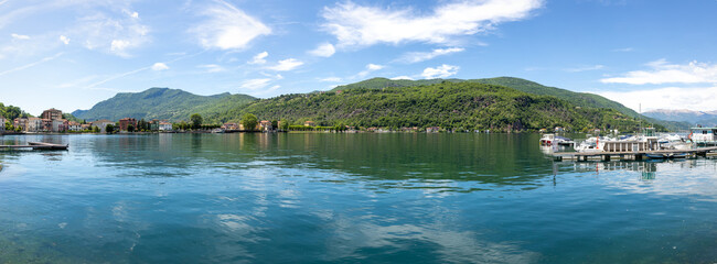 Landscape on Lake Ceresio, view from Porto Ceresio. Summer season,