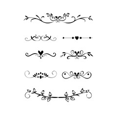 Set of Black Hand Drawn Rustic Doodle Design Elements. Decorative Floral Swirls, Scrolls, Text Frames, Dividers. Vintage Vector Illustration. 
