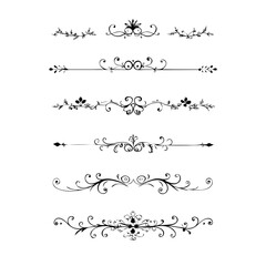 Obraz premium Set of Black Hand Drawn Rustic Doodle Design Elements. Decorative Floral Swirls, Scrolls, Text Frames, Dividers. Vintage Vector Illustration. 