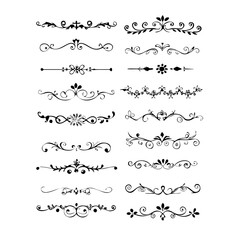 Set of Black Hand Drawn Rustic Doodle Design Elements. Decorative Floral Swirls, Scrolls, Text Frames, Dividers. Vintage Vector Illustration. 
