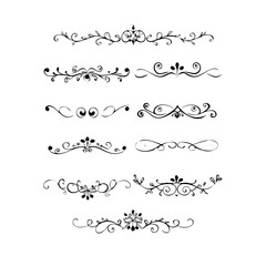 Obraz premium Set of Black Hand Drawn Rustic Doodle Design Elements. Decorative Floral Swirls, Scrolls, Text Frames, Dividers. Vintage Vector Illustration. 