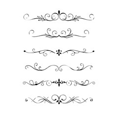 Obraz premium Set of Black Hand Drawn Rustic Doodle Design Elements. Decorative Floral Swirls, Scrolls, Text Frames, Dividers. Vintage Vector Illustration. 