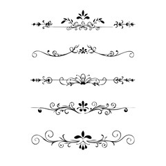 Set of Black Hand Drawn Rustic Doodle Design Elements. Decorative Floral Swirls, Scrolls, Text Frames, Dividers. Vintage Vector Illustration. 
