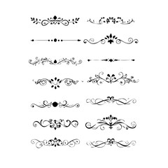 Obraz premium Set of Black Hand Drawn Rustic Doodle Design Elements. Decorative Floral Swirls, Scrolls, Text Frames, Dividers. Vintage Vector Illustration. 