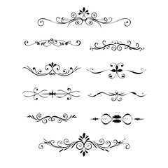 Set of Black Hand Drawn Rustic Doodle Design Elements. Decorative Floral Swirls, Scrolls, Text Frames, Dividers. Vintage Vector Illustration. 
