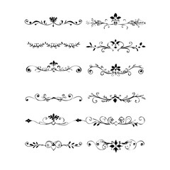 Set of Black Hand Drawn Rustic Doodle Design Elements. Decorative Floral Swirls, Scrolls, Text Frames, Dividers. Vintage Vector Illustration. 
