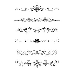 Set of Black Hand Drawn Rustic Doodle Design Elements. Decorative Floral Swirls, Scrolls, Text Frames, Dividers. Vintage Vector Illustration. 
