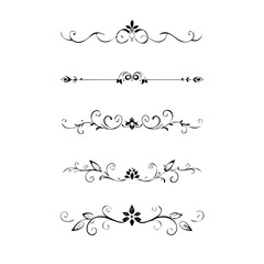 Set of Black Hand Drawn Rustic Doodle Design Elements. Decorative Floral Swirls, Scrolls, Text Frames, Dividers. Vintage Vector Illustration. 
