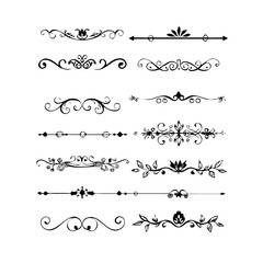 Set of Black Hand Drawn Rustic Doodle Design Elements. Decorative Floral Swirls, Scrolls, Text Frames, Dividers. Vintage Vector Illustration. 
