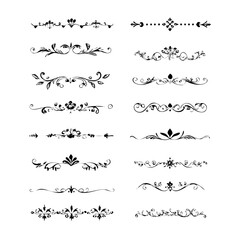 Set of Black Hand Drawn Rustic Doodle Design Elements. Decorative Floral Swirls, Scrolls, Text Frames, Dividers. Vintage Vector Illustration. 
