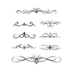 Set of Black Hand Drawn Rustic Doodle Design Elements. Decorative Floral Swirls, Scrolls, Text Frames, Dividers. Vintage Vector Illustration. 
