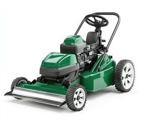 Fototapeta premium A green riding lawn mower isolated on a white background.