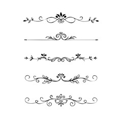 Obraz premium Set of Black Hand Drawn Rustic Doodle Design Elements. Decorative Floral Swirls, Scrolls, Text Frames, Dividers. Vintage Vector Illustration. 