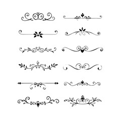 Fototapeta premium Set of Black Hand Drawn Rustic Doodle Design Elements. Decorative Floral Swirls, Scrolls, Text Frames, Dividers. Vintage Vector Illustration. 