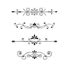 Set of Black Hand Drawn Rustic Doodle Design Elements. Decorative Floral Swirls, Scrolls, Text Frames, Dividers. Vintage Vector Illustration. 

