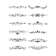 Obraz premium Set of Black Hand Drawn Rustic Doodle Design Elements. Decorative Floral Swirls, Scrolls, Text Frames, Dividers. Vintage Vector Illustration. 