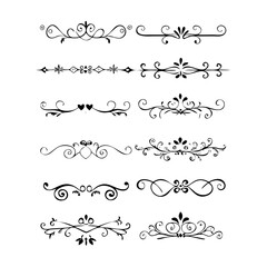 Obraz premium Set of Black Hand Drawn Rustic Doodle Design Elements. Decorative Floral Swirls, Scrolls, Text Frames, Dividers. Vintage Vector Illustration. 