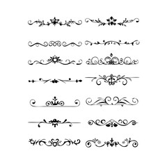Obraz premium Set of Black Hand Drawn Rustic Doodle Design Elements. Decorative Floral Swirls, Scrolls, Text Frames, Dividers. Vintage Vector Illustration. 