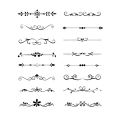 Obraz premium Set of Black Hand Drawn Rustic Doodle Design Elements. Decorative Floral Swirls, Scrolls, Text Frames, Dividers. Vintage Vector Illustration. 