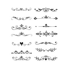 Set of Black Hand Drawn Rustic Doodle Design Elements. Decorative Floral Swirls, Scrolls, Text Frames, Dividers. Vintage Vector Illustration. 
