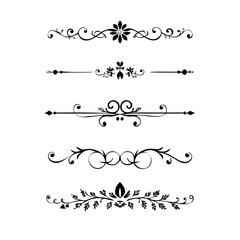 Set of Black Hand Drawn Rustic Doodle Design Elements. Decorative Floral Swirls, Scrolls, Text Frames, Dividers. Vintage Vector Illustration. 

