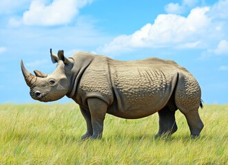 Fototapeta premium A large rhinoceros stands in tall grass under a bright blue sky.