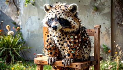 Generated image of a Spotted Raccoon on a Wooden Chair