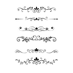 Obraz premium Decorative simple divider. Text dividers retro minimal line separators, elegant doodle frame borders. Vector isolated geometric wedding card heart separator elements set. 