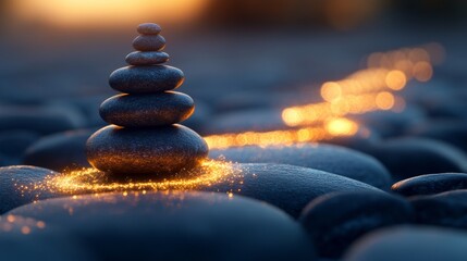 Stacked Stones on Rippling Water Surface Under Warm Sunset Glow