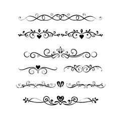 Decorative simple divider. Text dividers retro minimal line separators, elegant doodle frame borders. Vector isolated geometric wedding card heart separator elements set. 
