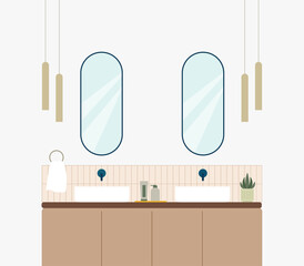 Bathroom interior design. Vector illustration in flat style. Bathroom with mirror and sink.