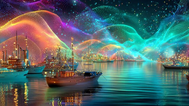 AI-driven data oceans,Ocean of Binary Code Waves, Cyber Sea Data Ships AI Buoys, Glowing Cyber Ecosystem Ocean