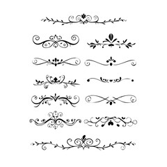Obraz premium Decorative simple divider. Text dividers retro minimal line separators, elegant doodle frame borders. Vector isolated geometric wedding card heart separator elements set. 