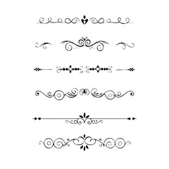 Decorative simple divider. Text dividers retro minimal line separators, elegant doodle frame borders. Vector isolated geometric wedding card heart separator elements set. 
