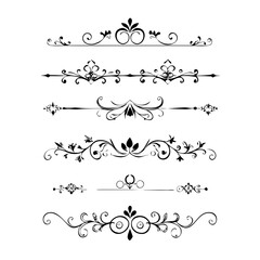 Obraz premium Decorative simple divider. Text dividers retro minimal line separators, elegant doodle frame borders. Vector isolated geometric wedding card heart separator elements set. 